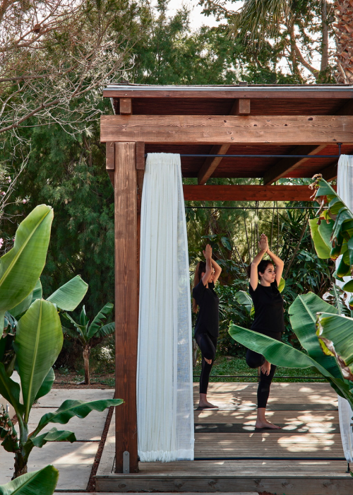 500x700-3 Femme en posture de yoga sous une pergola en bois, jardin méditerranéen en Crète
